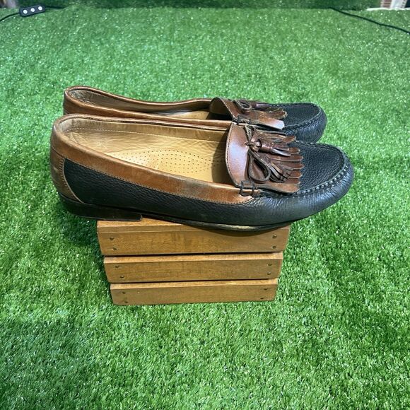 Cole Haan Mens 11.5 M Kiltie Tassle Loafer Moc Toe Black Brown Slip On Boat Shoe - Picture 1 of 8